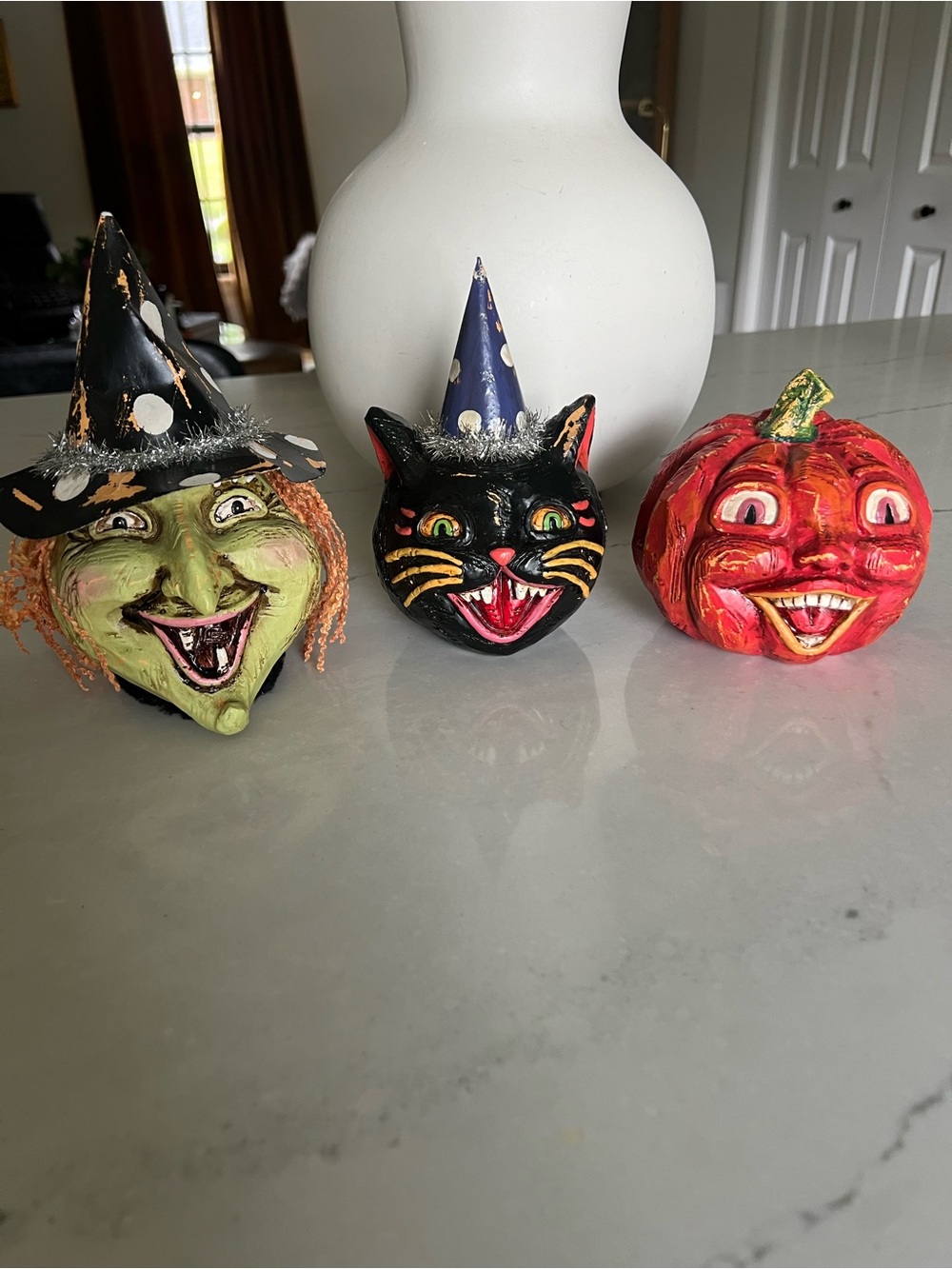 Vintage Green Witch, Black Cat & Red Pumpkin Halloween Trio